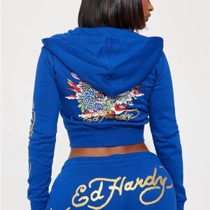 Ed Hardy Tiger Lotus Zip Front Hoodie - CobaltBlue
